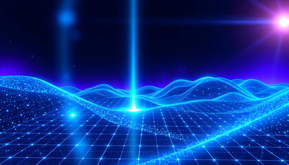 Futuristic digital landscape, neon blue waves, glowing grid surface, abstract technology visualization, cosmic horizon, bright light beams, vibrant energy flow, sci-fi atmosphere, cyber network, virtu