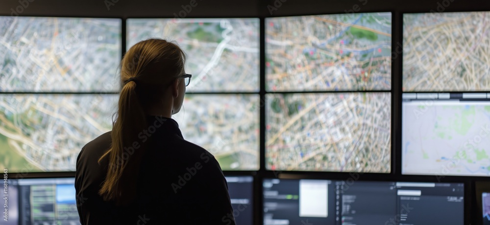Poster surveillance operator monitoring multiple screens displaying urban maps and data analytics in a cont