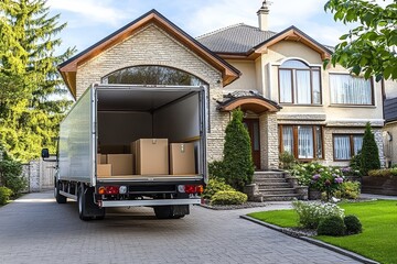 Residential moving process with truck parked in front.