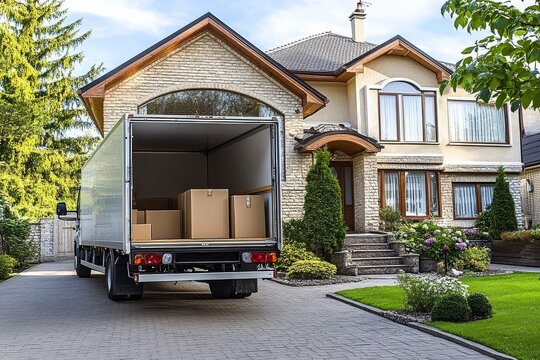 Residential moving process with truck parked in front.