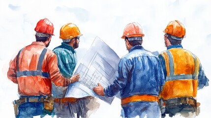 Construction workers collaborate over blueprints, planning the future of building projects