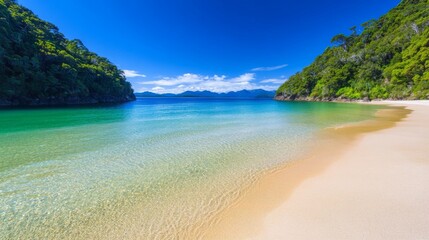 Fototapeta premium Serene Secluded Cove Tropical Beach Clear Water Lush Greenery