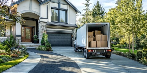Obraz premium A wide view of a charming suburban house featuring a moving truck loaded with goods.