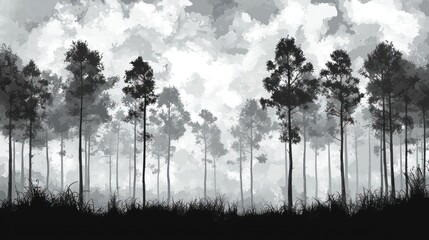 Silhouetted Trees in a Misty Forest Scene