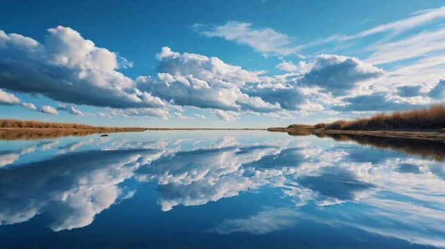 A surreal mirage shows the sky&rsquo;s fluffy clouds reflected perfectly on an illusory water surface, confusing reality and imagination, 4k lofi hip-hop bites landscape music video
