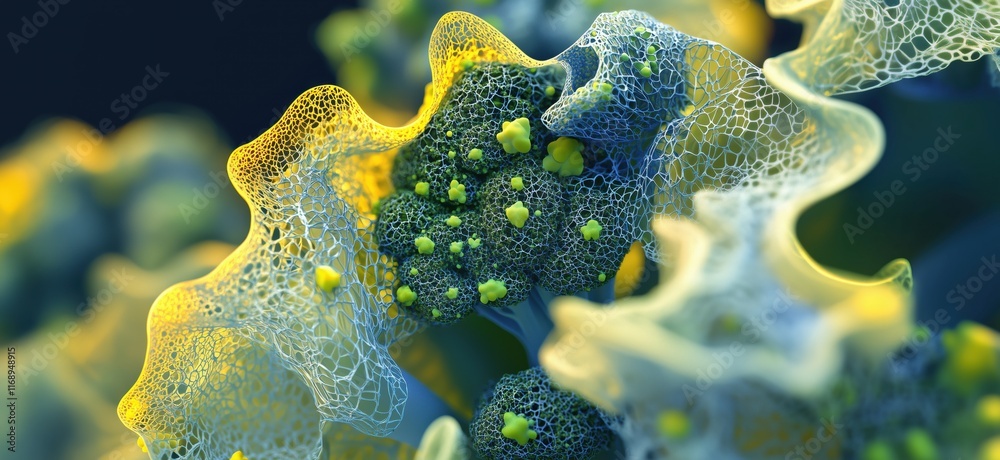 Poster intricate cellular structure with lattice framework and vibrant colors, showcasing microscopic life 