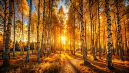 Golden Sunlight Autumn Forest, Birch Trees, Night Photography