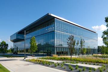 modern office complex with open space and reflective glass windows
