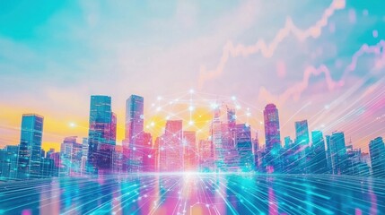 Obraz premium Vibrant city skyline at sunset with a digital overlay of light and color.