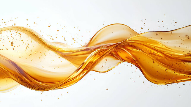 A mesmerizing stream of golden liquid flowing gracefully, accompanied by sparkling droplets suspended in the air. The fluidity and warm amber tones create a sense of elegance and motion.