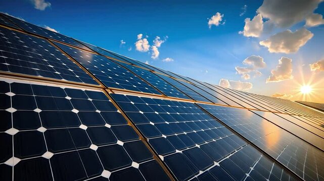  solar panels on the roof, sun shining in a blue sky, house with black tiled roof, sunny day,generative ai