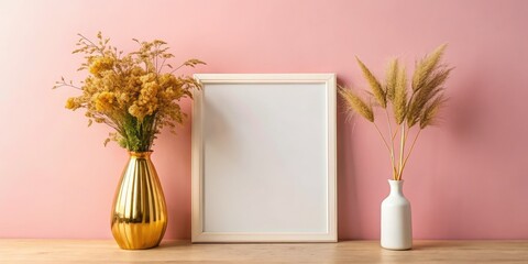 Fototapeta premium Gold Vase Dried Flowers Poster Mockup Pink Wall