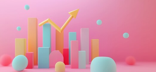 Colorful 3D Graph with Rising Arrow and Geometric Shapes on Pink Background, Representing Growth and Success, copy space for text