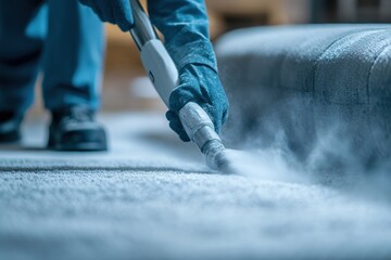 Gloved hand uses a machine to clean carpet, emitting steam. This shows professional carpet cleaning, ideal for cleaning service marketing.