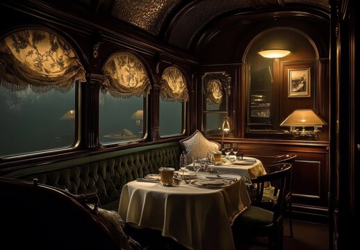 Luxurious interior of a 19th-century train dining car. 