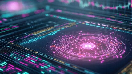 Abstract digital visualization with vibrant colors and swirling patterns representing data or cosmic elements.