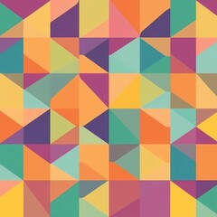 Vibrant Geometric Mosaic: A captivating pattern of colorful triangles and squares creates a dynamic and visually stimulating abstract design. Perfect for backgrounds, textiles.