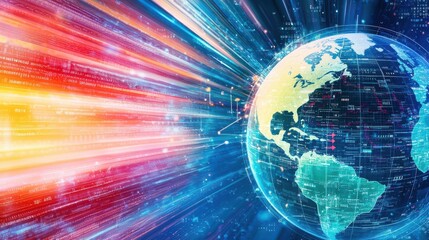 Vibrant digital globe with data streams representing global connectivity and technology.