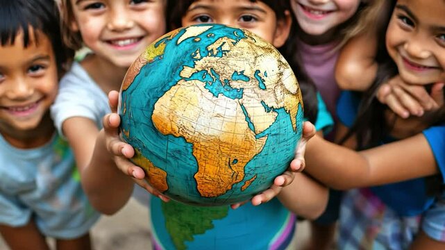 A group of children are holding a globe in their hands