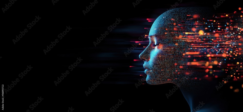 Poster digital human silhouette with flowing data streams and vibrant particles representing artificial int