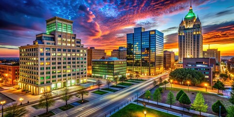Greensboro Downtown CBD Buildings - Low Light Cityscape