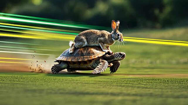 Humorous Scene of Rabbit Riding a Fast-Moving Tortoise with Motion Trails in a Green Outdoor Setting

