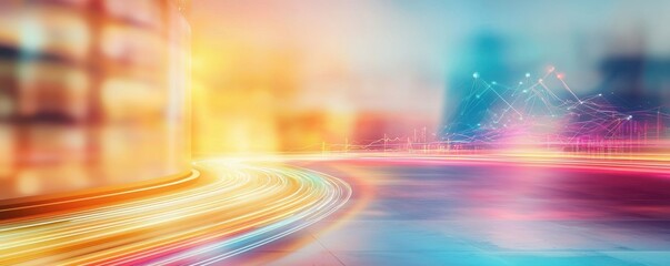 Abstract vibrant motion blur with colorful light trails and urban background.