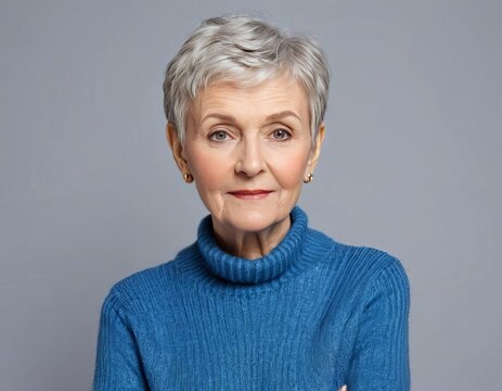 A portrait of an elderly woman with a short pixie haircut wearing a blue sweater