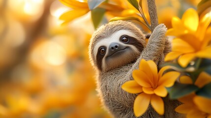 Fototapeta premium Adorable Sloth Amidst Golden Blossoms: A Digital Masterpiece