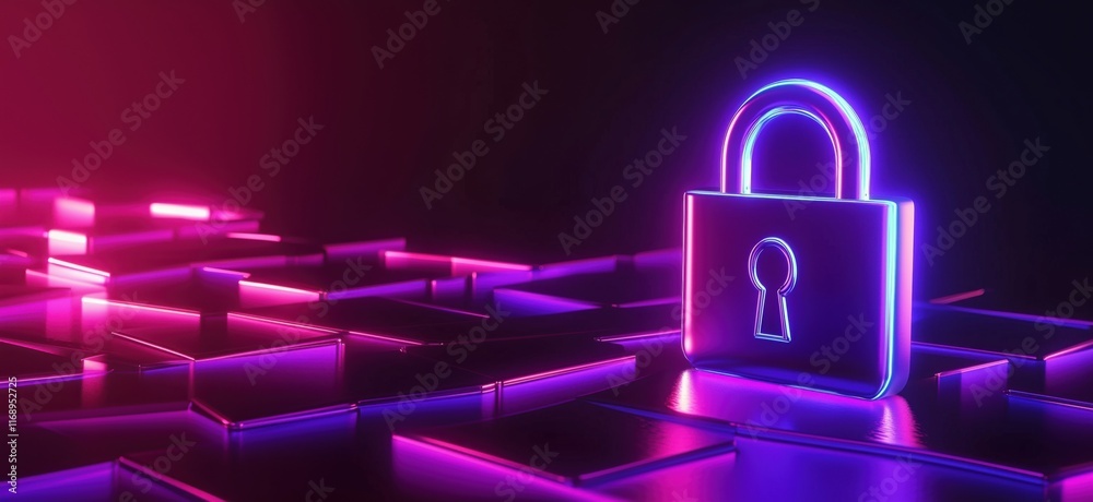 Poster neon lock symbol on abstract digital background representing cybersecurity and data protection, copy