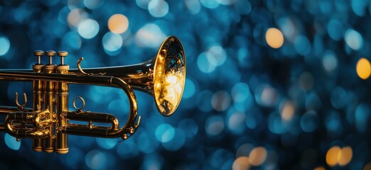 Trumpet shining against vibrant bokeh background, showcasing musical elegance and artistry, perfect for jazz and classical music themes, copy space for text