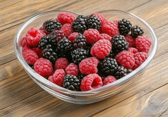 Fresh Raspberries and Blackberries in a Heart-Shaped Glass Bowl on Rustic Wooden Table Surface, Perfect for Healthy Snacking and Culinary Delights