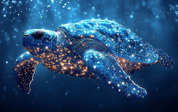 Luminous sea turtle swimming in deep blue ocean water, glowing with bioluminescence.