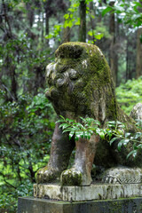Colorful view of Kumanoza Shrine, moss-covered stone lions, photographed in Aso, Kumamoto Prefecture, Japan
