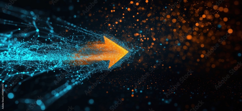 Poster dynamic arrow symbolizing progress and innovation with blue and orange particles in motion, copy spa