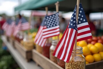 A farmer’s market stall decorated with small American flags in mason jars.