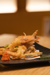 Japanese tempura shrimp and vegetables, photographed in Fukuoka, Japan