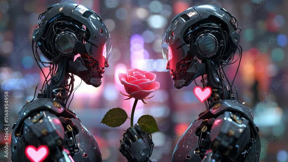 Poster Two advanced robots face each other, each holding a beautiful red rose. Their metallic forms shine in a colorful, romantic atmosphere filled with soft lights, perfect for Valentine's Day.