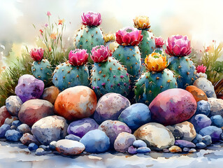 Vibrant watercolor painting of blooming prickly pear cacti surrounded by colorful rocks.