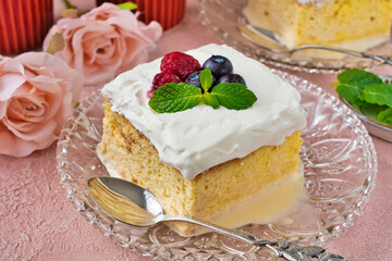 メキシコのスイーツ パステル・デ・トレス・レチェス(3種のミルクのケーキ)  Mexican sweets Pastel de Tres Leches( Mexican Tres Leches Cake,Tres Leches Cake,Three Milk Cake, 3 Milk Cake) 