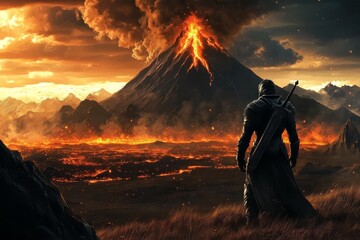 A digital illustration captures a warrior's awe in a volcanic field.