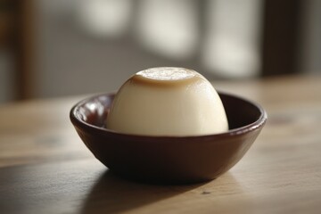 Creamy Caramel Flan Dessert in Brown Bowl