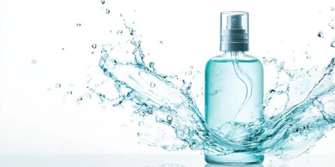 Transparent spray bottle with splashing water capturing freshness and hydration concept