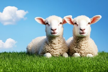 Fototapeta premium Twin lambs resting on lush green grass under a blue sky