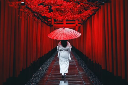 A Japanese girl dressed as a shrine maiden (miko), walking through a red torii gate in a sacred forest
