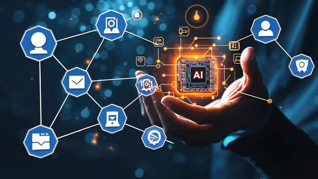 AI chip floating above the palm of an outstretched hand, with circuitry and digital lines forming around it . The word "AI" is prominently displayed on one side of the tech icon,generative ai