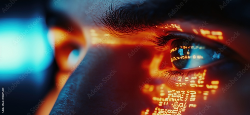 Poster digital eye reflection with binary code and futuristic elements, close-up of human eye with glowing 
