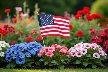 A patriotic garden with flowers in red, white, and blue, and an American flag planted in the middle.