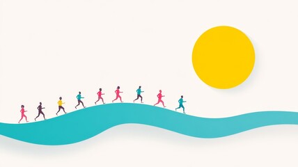 A running club jogging along a coastal path, with waves crashing and a vast ocean stretching out beside them