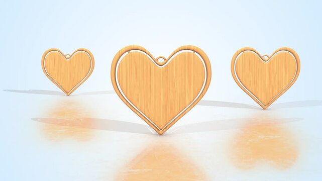 Heart Shape Keychains on a Reflective Floor. Wooden Textured Keychains. 4K